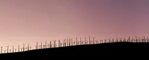 Image of several dozen windmills on a hill at a clear sky sunset in the countryside